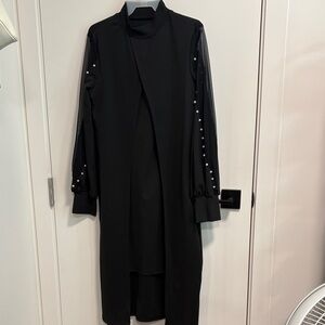 SHEIN Black Long Sleeve Midi Dress with Pearl-Embellished Sheer Sleeves